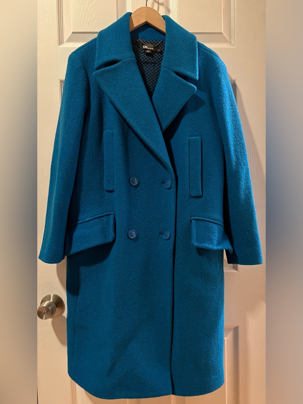 DKNY Teal Double-Breasted Wool Pea Coat made in Italy